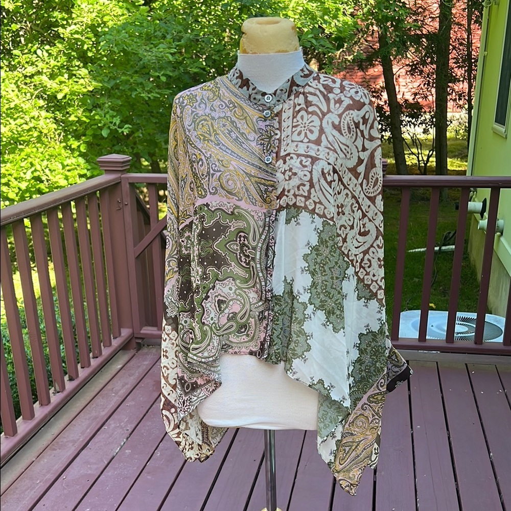 New! Zara M/L patchwork sheer paisley cape blouse.